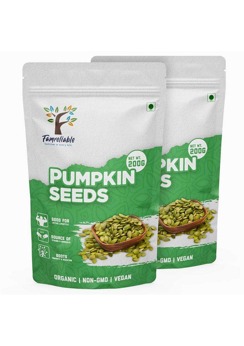 Famreliable Pumpkin Seeds 400G Pack Of 2 X 200G Kaddu Ke Beej Highprotein Magnesium Zincrich Superfood Glutenfree Vegan Ketofriendly Snack For Roastin - Indya