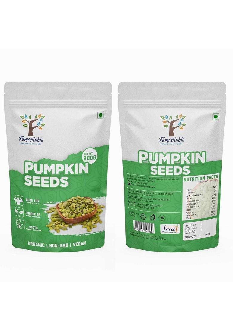 Famreliable Pumpkin Seeds 400G Pack Of 2 X 200G Kaddu Ke Beej Highprotein Magnesium Zincrich Superfood Glutenfree Vegan Ketofriendly Snack For Roastin - Indya