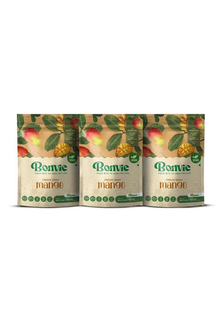BONVIE Freeze-Dried Mango Fruit Snacks - 100% Natural No Sugar No Preservatives Gluten-Free Long Shelf Life Perfect for On-the-Go Travel Snacking 3-Pack - Indya