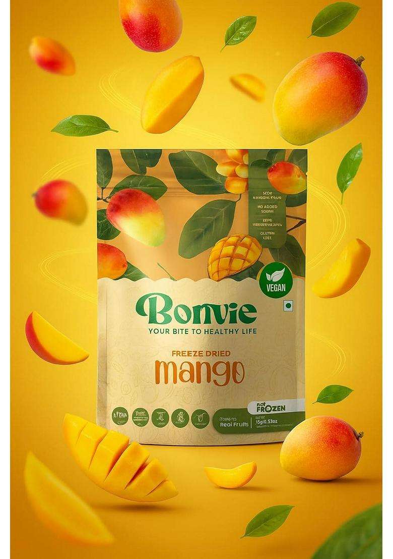 BONVIE Freeze-Dried Mango Fruit Snacks - 100% Natural No Sugar No Preservatives Gluten-Free Long Shelf Life Perfect for On-the-Go Travel Snacking 3-Pack - Indya