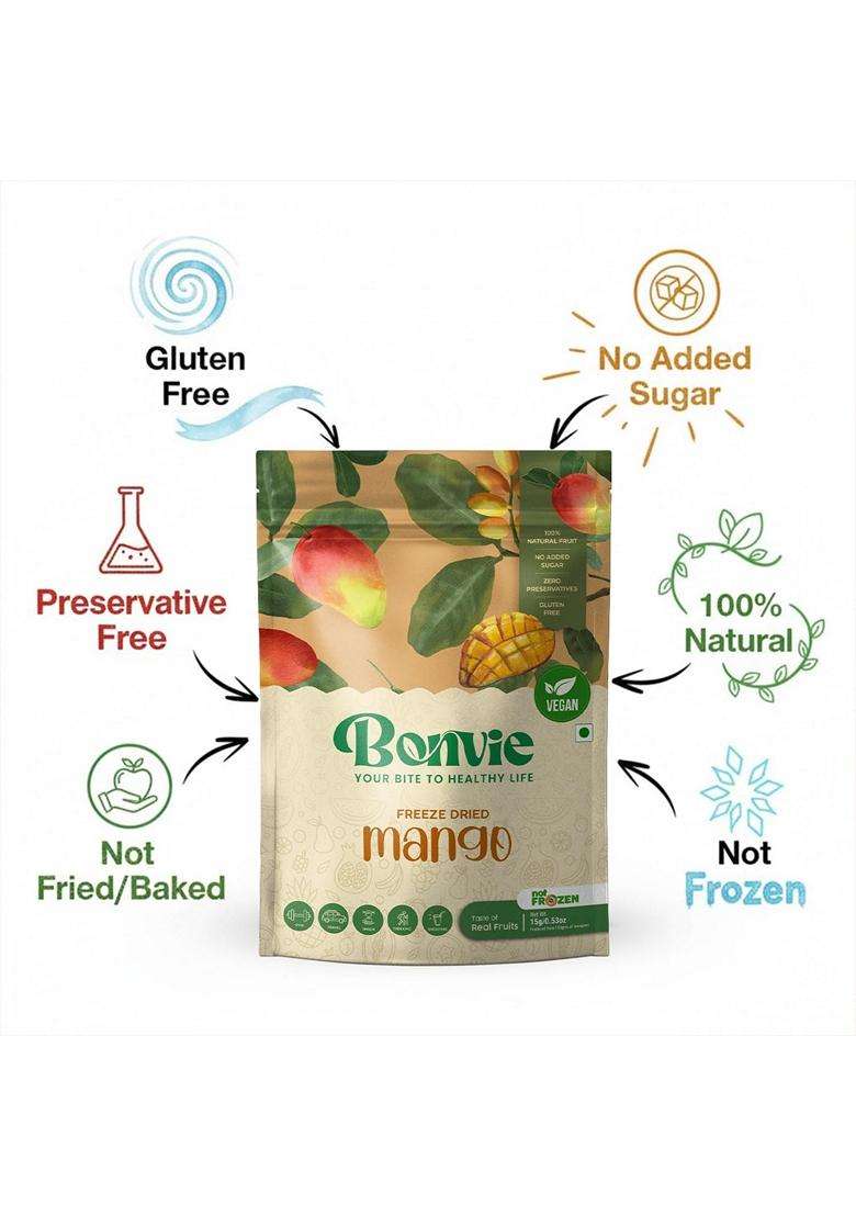 BONVIE Freeze-Dried Mango Fruit Snacks - 100% Natural No Sugar No Preservatives Gluten-Free Long Shelf Life Perfect for On-the-Go Travel Snacking 3-Pack - Indya