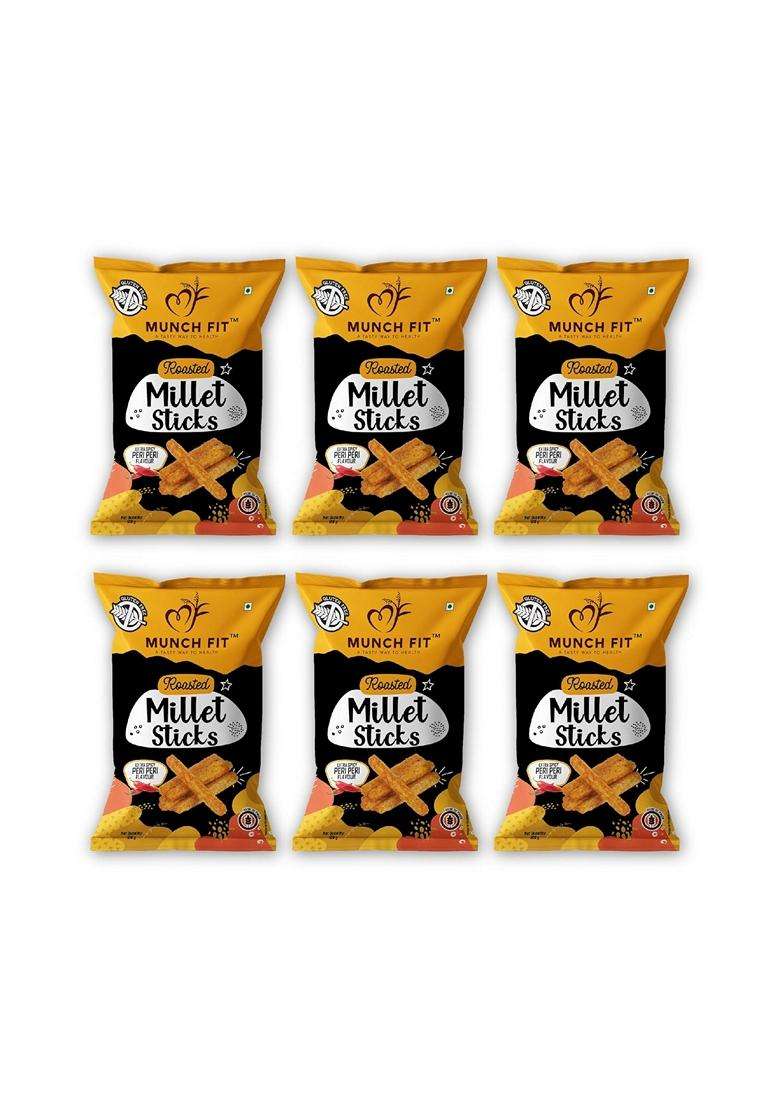 Munch Fit Healthy And Roasted Millet Sticks Peri Peri Flavour 100% Veg High Fibre Gluten Free No Trans Fat No Added Sugar Non Fried Ready to Eat And Millet Snacks Pack of 6x100g each - Indya