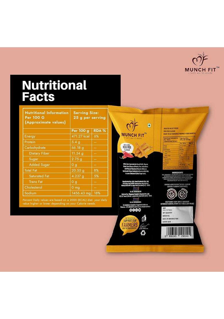 Munch Fit Healthy And Roasted Millet Sticks Peri Peri Flavour 100% Veg High Fibre Gluten Free No Trans Fat No Added Sugar Non Fried Ready to Eat And Millet Snacks Pack of 6x100g each - Indya