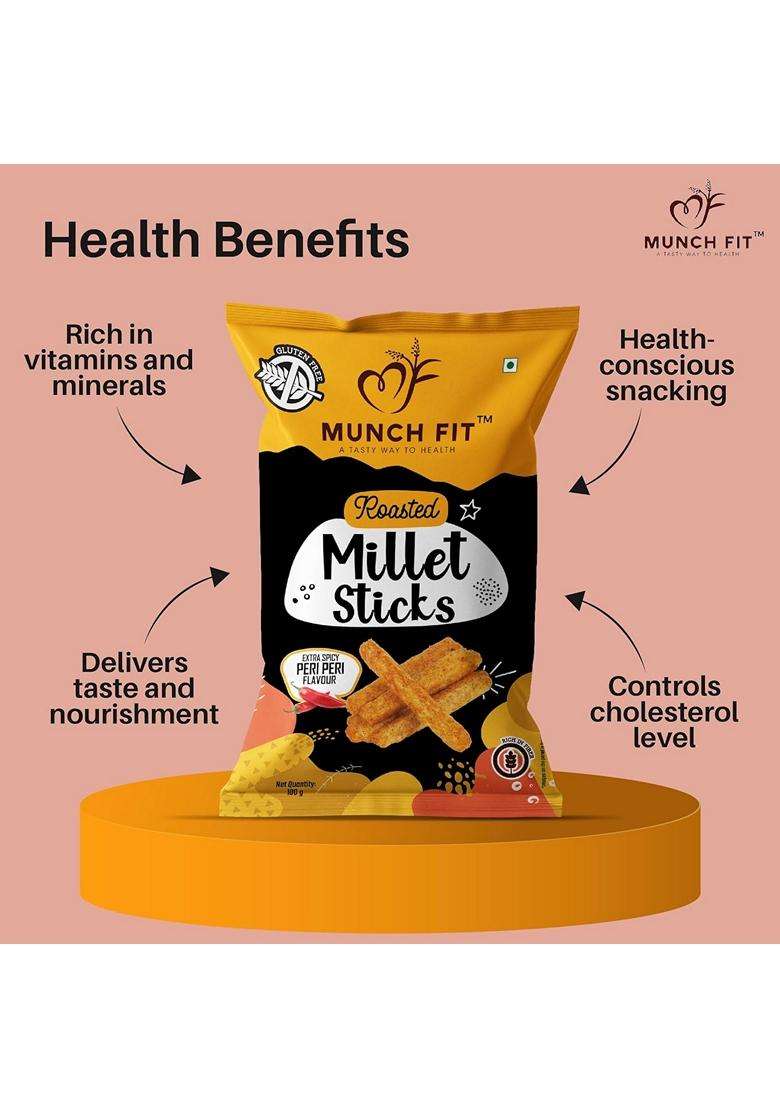 Munch Fit Healthy And Roasted Millet Sticks Peri Peri Flavour 100% Veg High Fibre Gluten Free No Trans Fat No Added Sugar Non Fried Ready to Eat And Millet Snacks Pack of 6x100g each - Indya