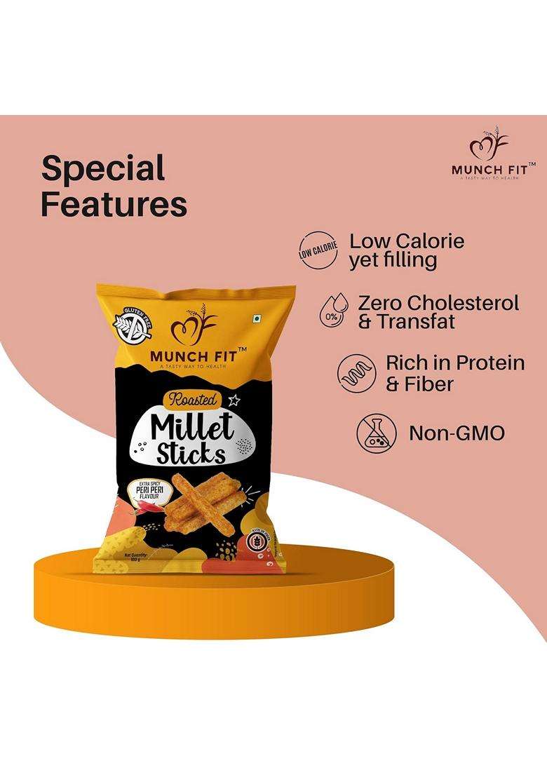 Munch Fit Healthy And Roasted Millet Sticks Peri Peri Flavour 100% Veg High Fibre Gluten Free No Trans Fat No Added Sugar Non Fried Ready to Eat And Millet Snacks Pack of 6x100g each - Indya