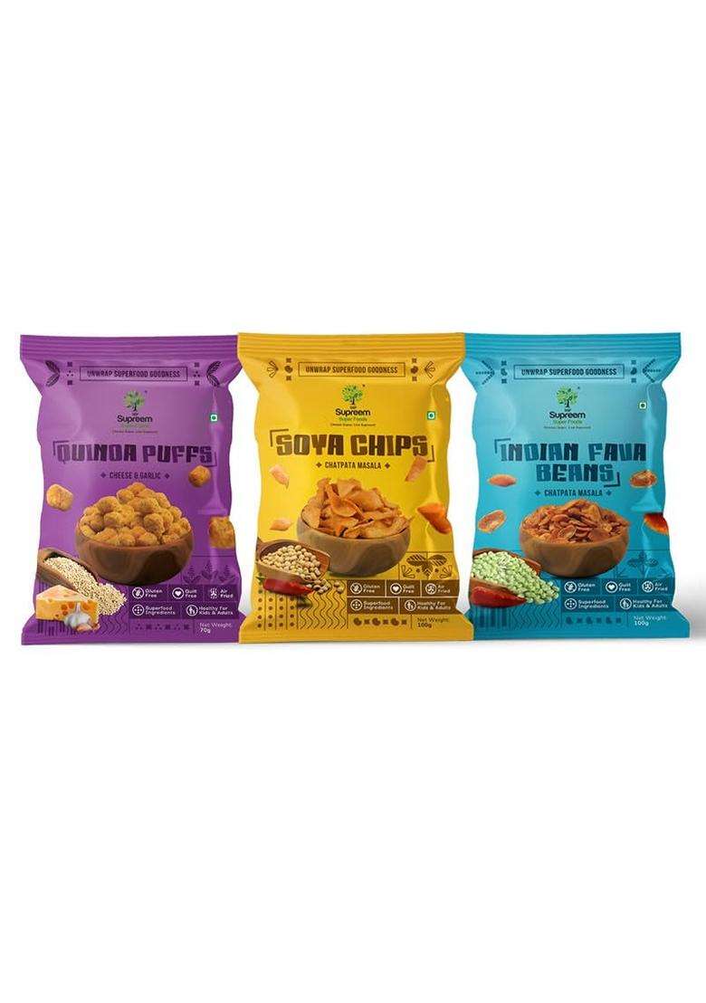 Supreem Super Foods Normalife Gluten Free Indian Fava Beans Chatpata Masala Snack 100 Gms Quinoa Puffs Roasted Puffs Snack With Cheese Garlic70 Gms So - Indya