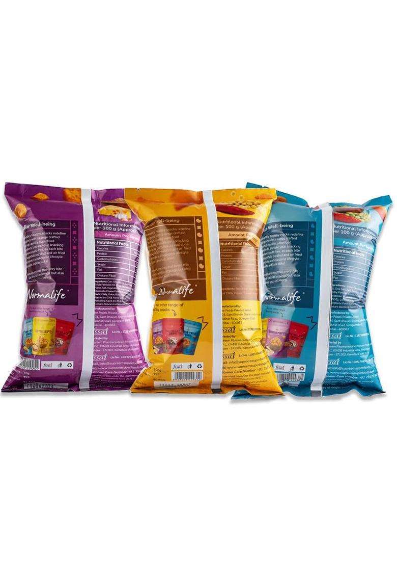 Supreem Super Foods Normalife Gluten Free Indian Fava Beans Chatpata Masala Snack 100 Gms Quinoa Puffs Roasted Puffs Snack With Cheese Garlic70 Gms So - Indya