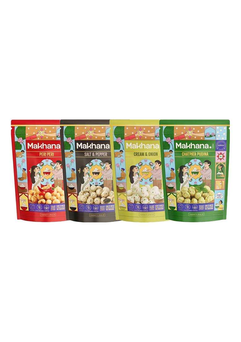 Madhubani Makhana Roasted Flavoured Peri Peri Salt Pepper Chatpata Pudina Creme Onion Makhana Namkeen Snacks Puffed Snacks Healthy Snack Cholesterol F - Indya