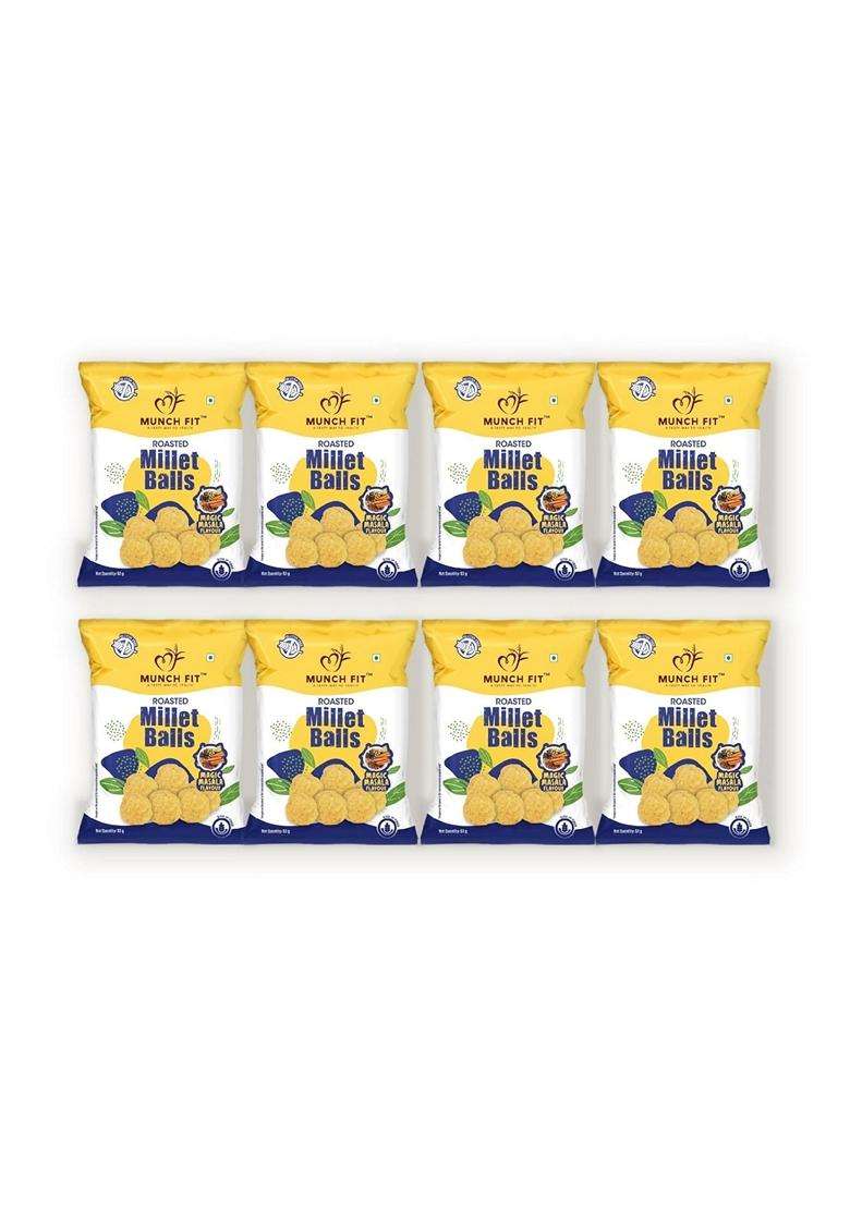 Munch Fit Healthy And Roasted Millet Balls Snack - Magic Masala 100% Veg Gluten Free No Added Sugar Low Calorie High Fibre No Maida Ready to Eat Roasted Snacks Pack of 8x50g each - Indya