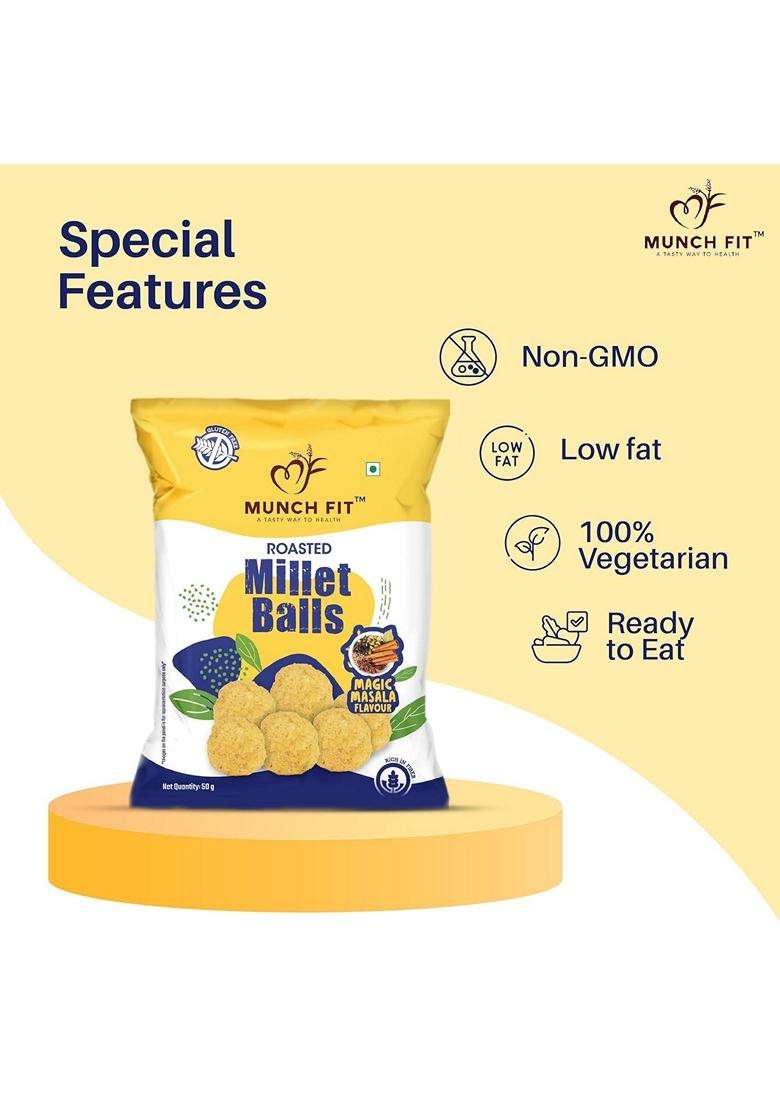 Munch Fit Healthy And Roasted Millet Balls Snack - Magic Masala 100% Veg Gluten Free No Added Sugar Low Calorie High Fibre No Maida Ready to Eat Roasted Snacks Pack of 8x50g each - Indya