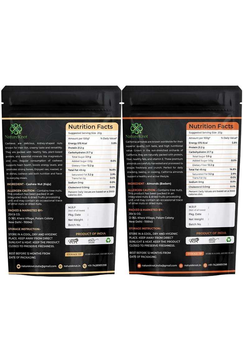 Natureknot Premium Almonds Cashews Combo 200G Each 400G Total Crunchy Whole Nuts Proteinrich Healthy Snack No Preservatives Vegan Glutenfree - Indya