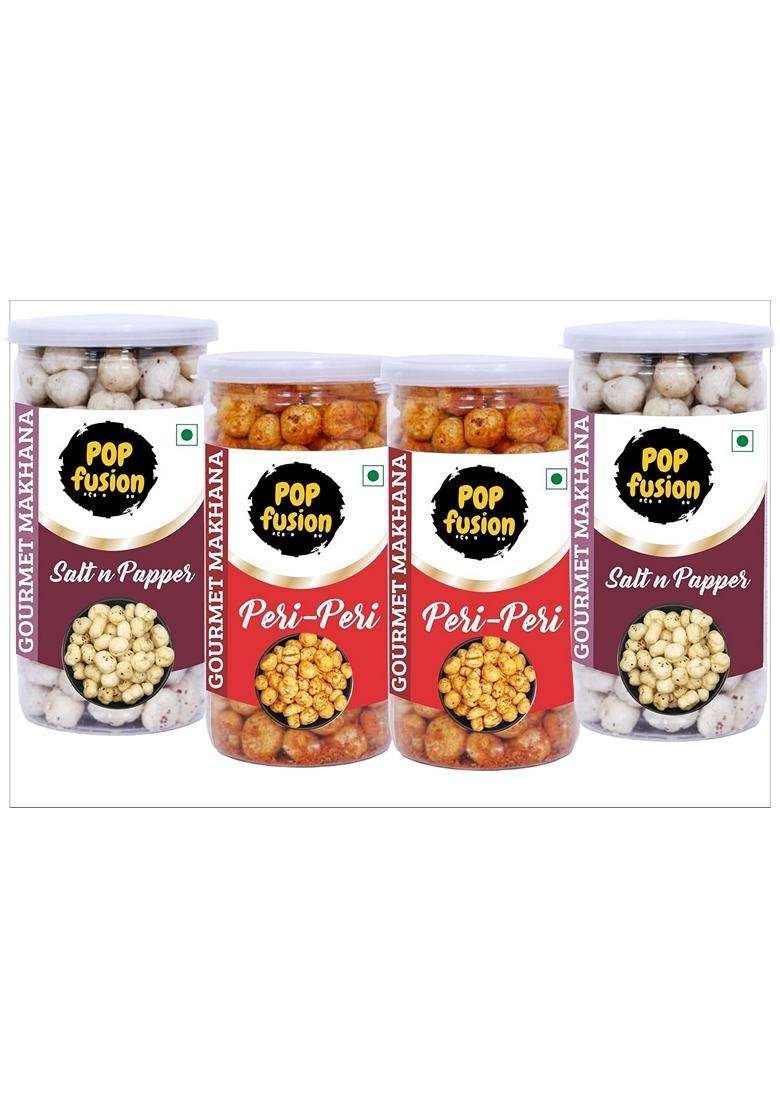 Popfusion Gourmet Roasted And Flavoured Makhana Himalyan Salt Pepper Makhana70Gm2 And Peri Peri70Gm2 Gluten Free And Low Fat Snacks With Airtight Glas - Indya