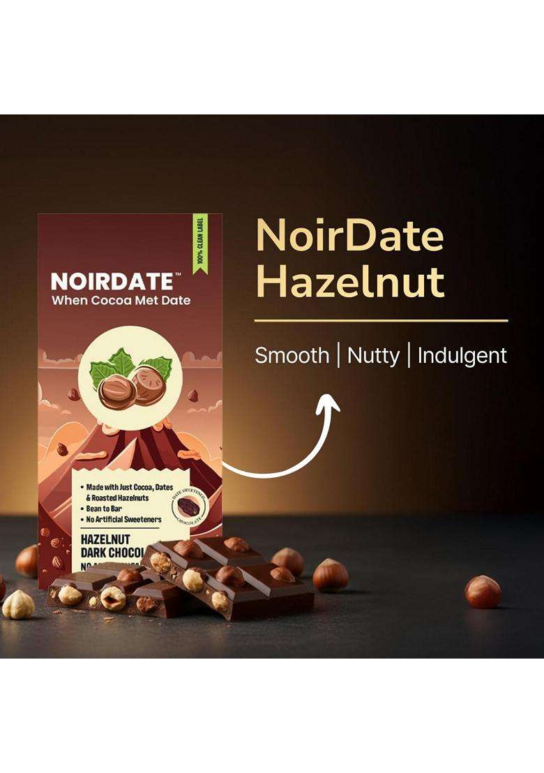 NoirDate Hazelnut Dark Chocolate - 15g Bean to Bar Sweetened with Dates Refined Sugar Free 100% Clean Label Healthy Vegan Gluten-Free Guilt-Free Indulgence Pack of 6 - Indya