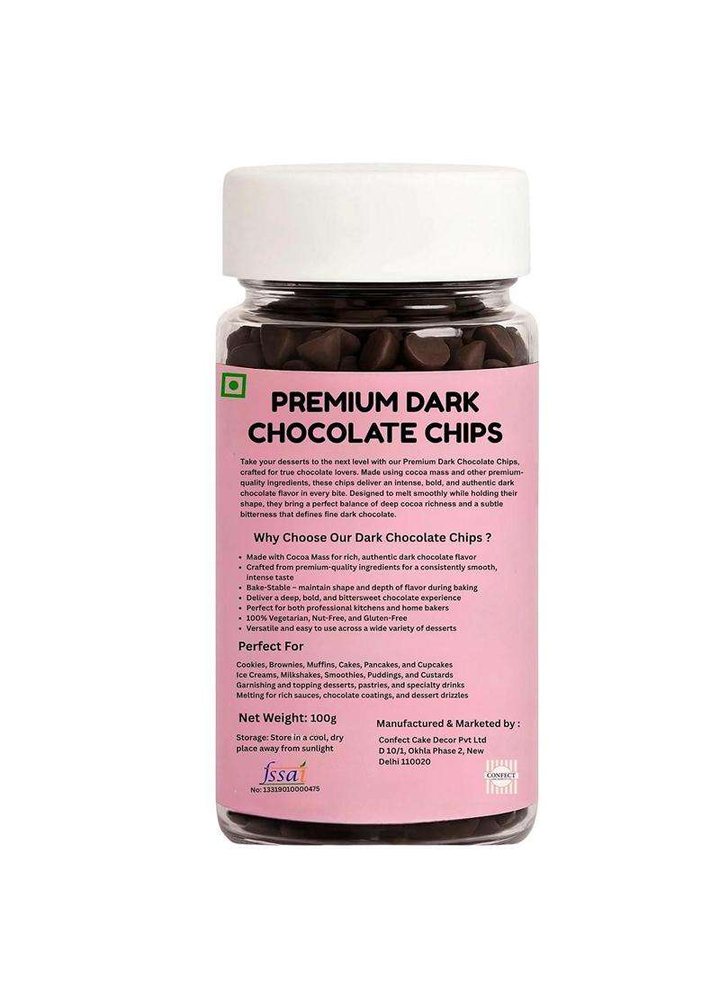 Confect Dark Chocolate Chips Rich Cocoa Flavor Baking Desserts Cookies Cakes Snacks Smooth Melty Chocolate Chunks Vegan Gluten Free 100Gms - Indya