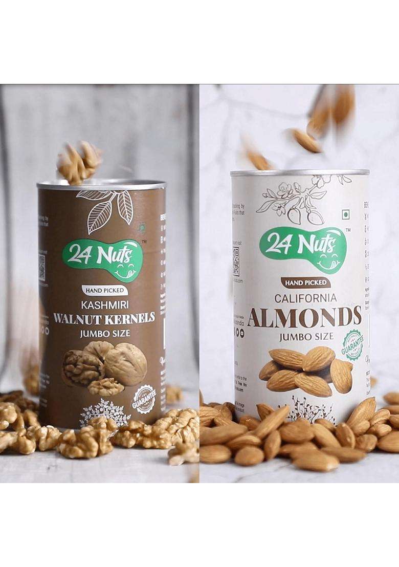 24 Nuts Hand Picked Jumbo Size California Almonds Kashmiri Walnut Kernels Combo Pack 450Gm 250G X 1 200G X 1 - Indya