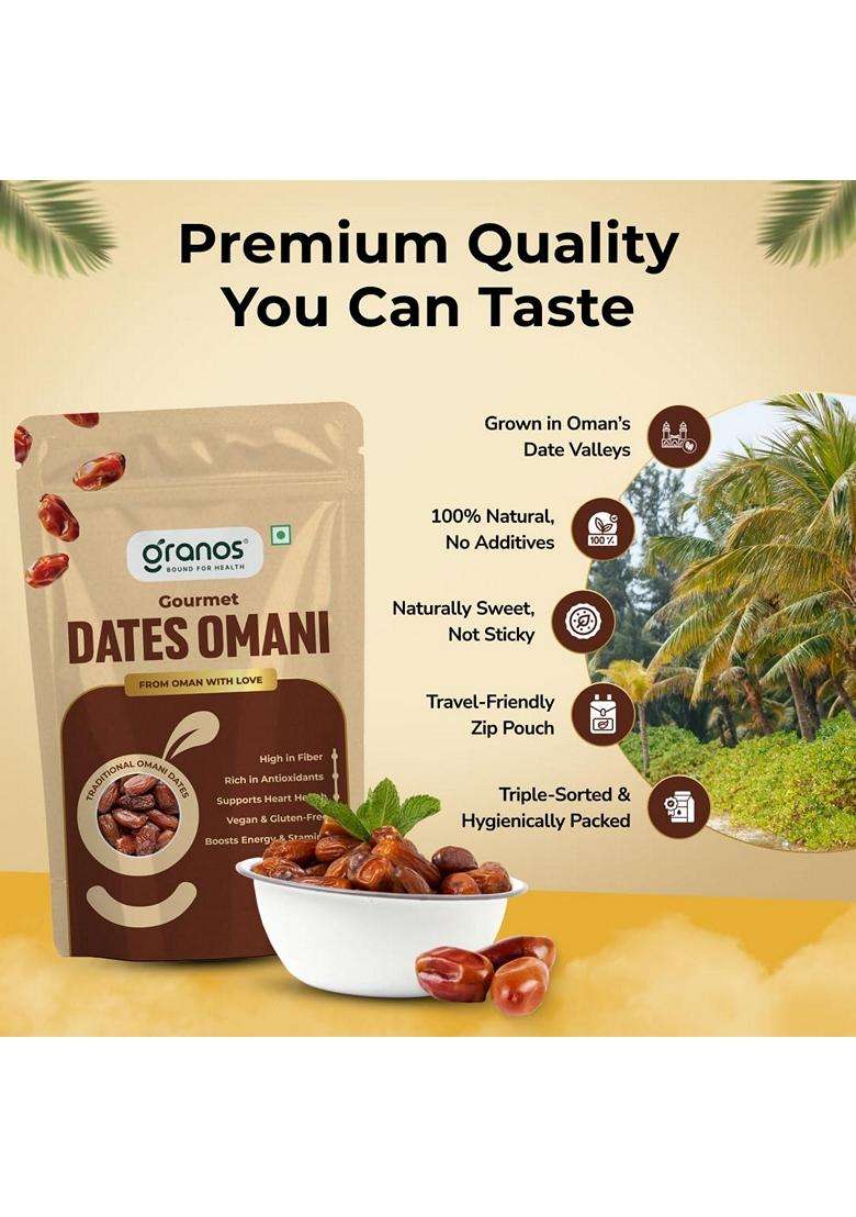 Granos Premium International Omani Dates 500gm Khajoor Khajur 100% Natural Vegan Dry fruit No Added Sugar And Preservatives Gluten-Free Non GMO Good for Heart Health Sourced from Oman - Indya