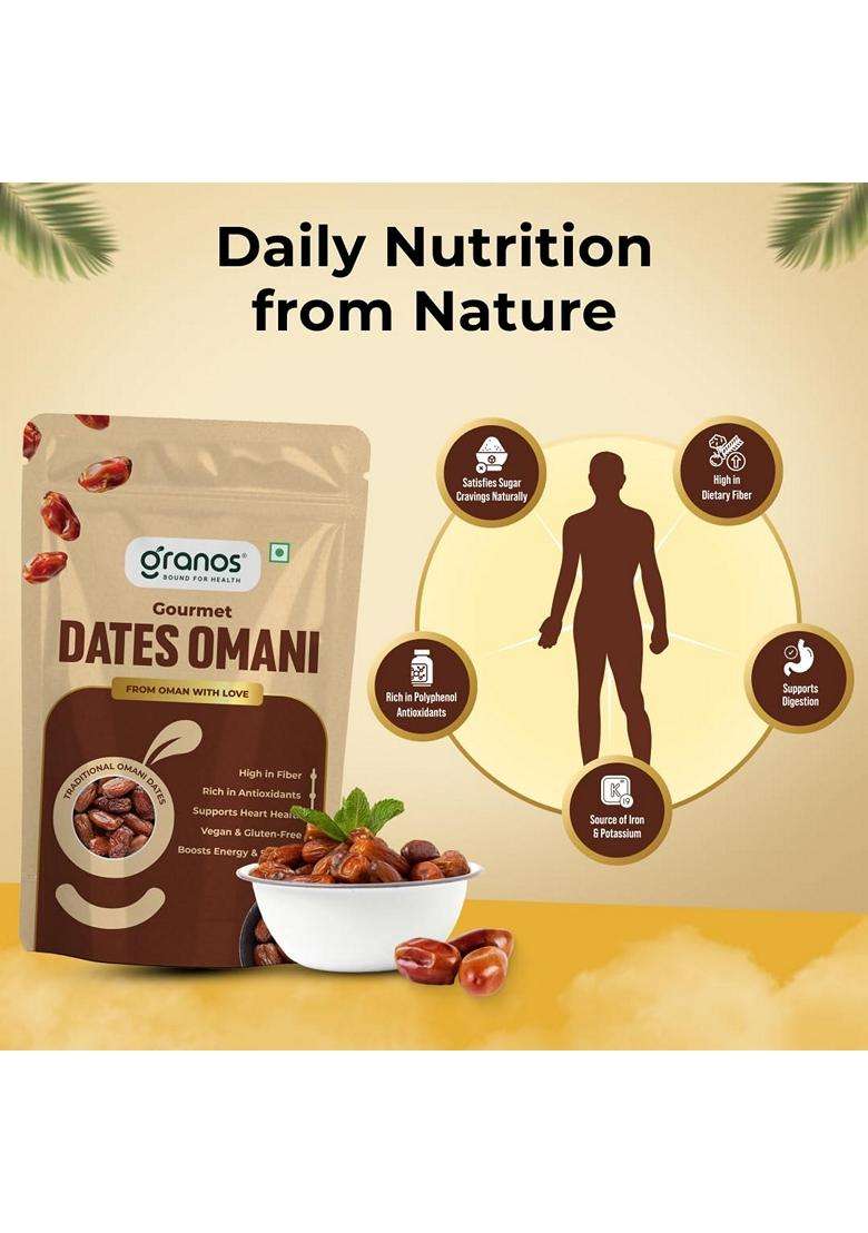 Granos Premium International Omani Dates 500gm Khajoor Khajur 100% Natural Vegan Dry fruit No Added Sugar And Preservatives Gluten-Free Non GMO Good for Heart Health Sourced from Oman - Indya