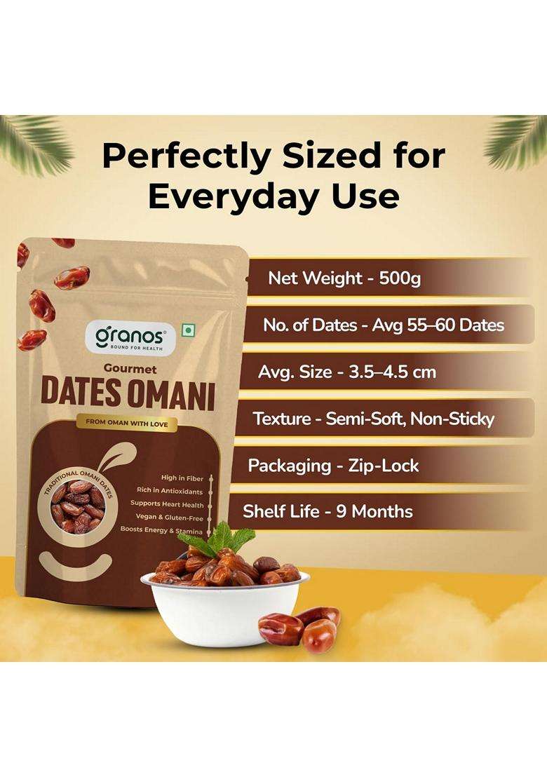 Granos Premium International Omani Dates 500gm Khajoor Khajur 100% Natural Vegan Dry fruit No Added Sugar And Preservatives Gluten-Free Non GMO Good for Heart Health Sourced from Oman - Indya