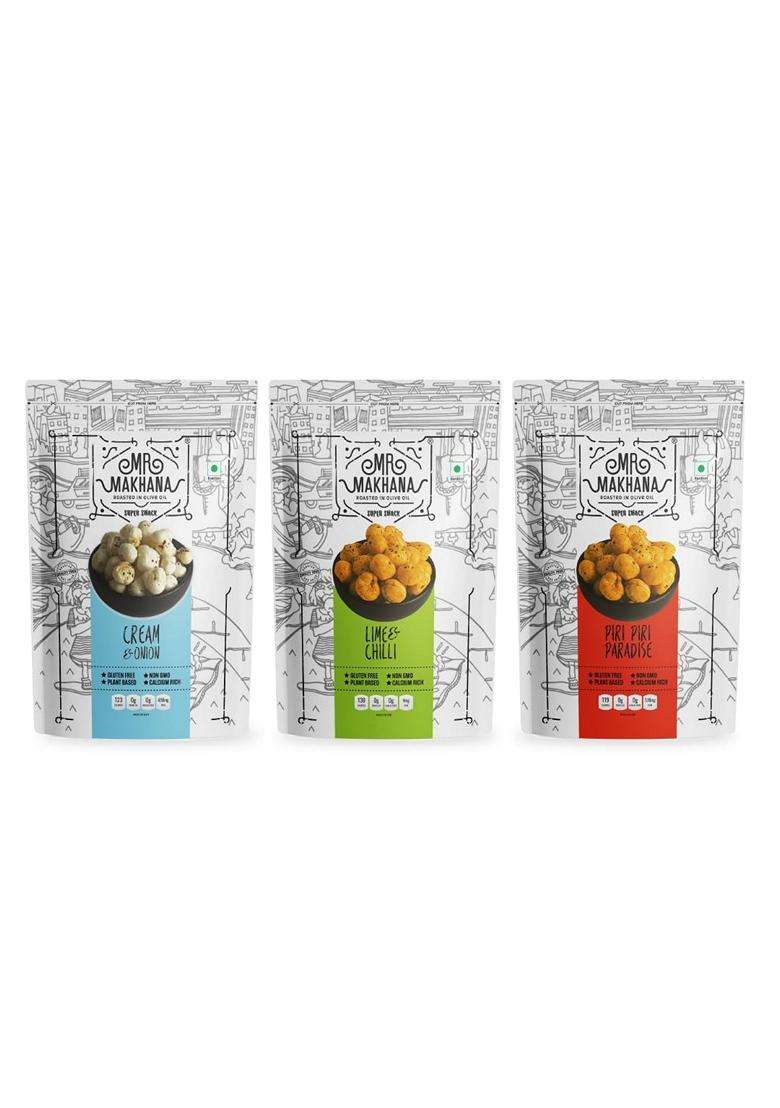 Mr Makhana Roasted Makhana Foxnuts Cream Onion Lime Chilli Piri Piri Paradise Pack Of 3X55 Gm Gluten Free Msg Free Roasted In Olive Oil Rich Calcium - Indya