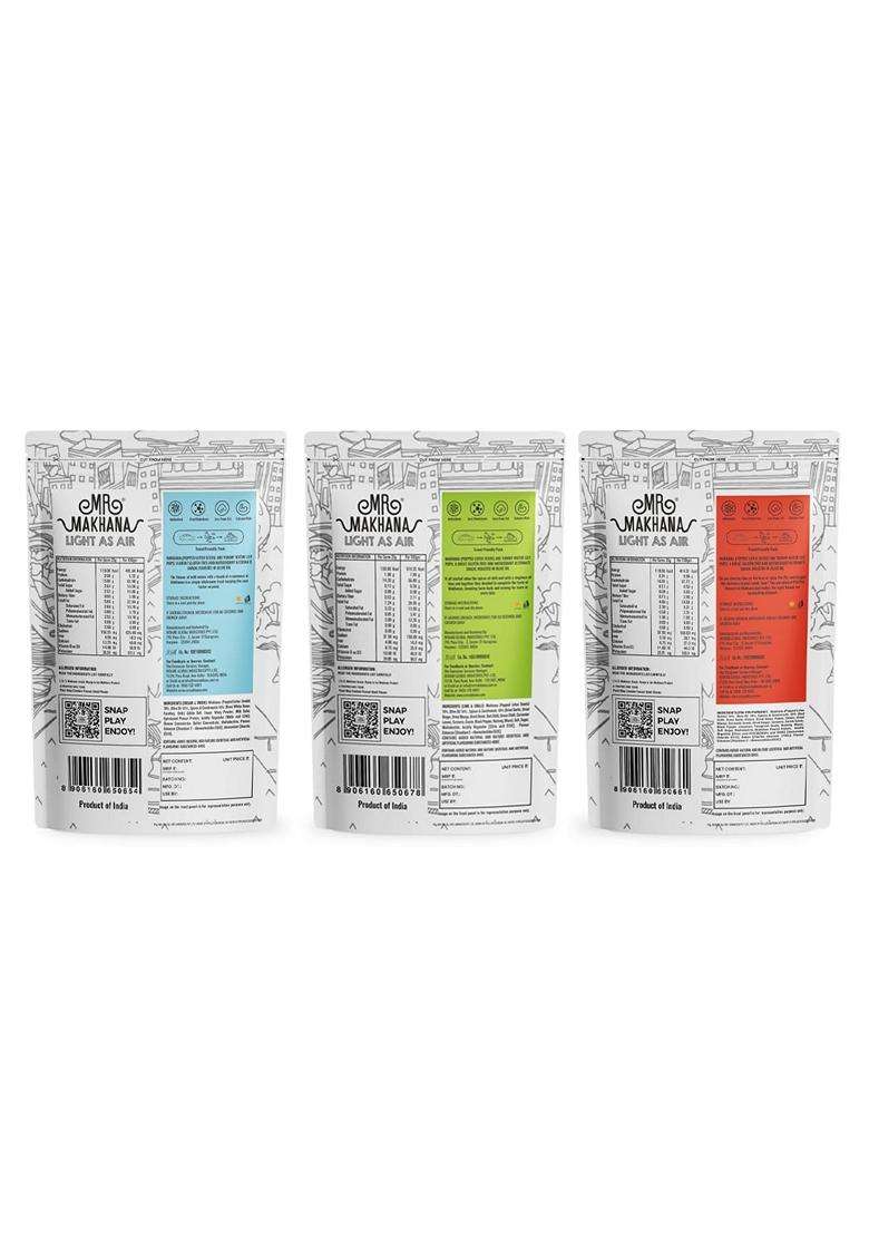 Mr Makhana Roasted Makhana Foxnuts Cream Onion Lime Chilli Piri Piri Paradise Pack Of 3X55 Gm Gluten Free Msg Free Roasted In Olive Oil Rich Calcium - Indya