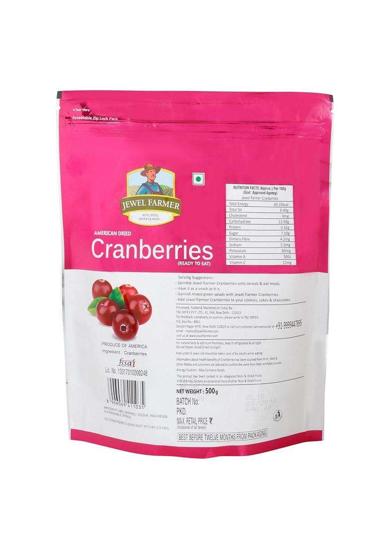 Jewel Farmer American Dried Cranberries Gluten Free Antioxidants Vitamin Dietary Fiber Rich Unsulfured Ready To Eat Dry Cran Berries 500G - Indya