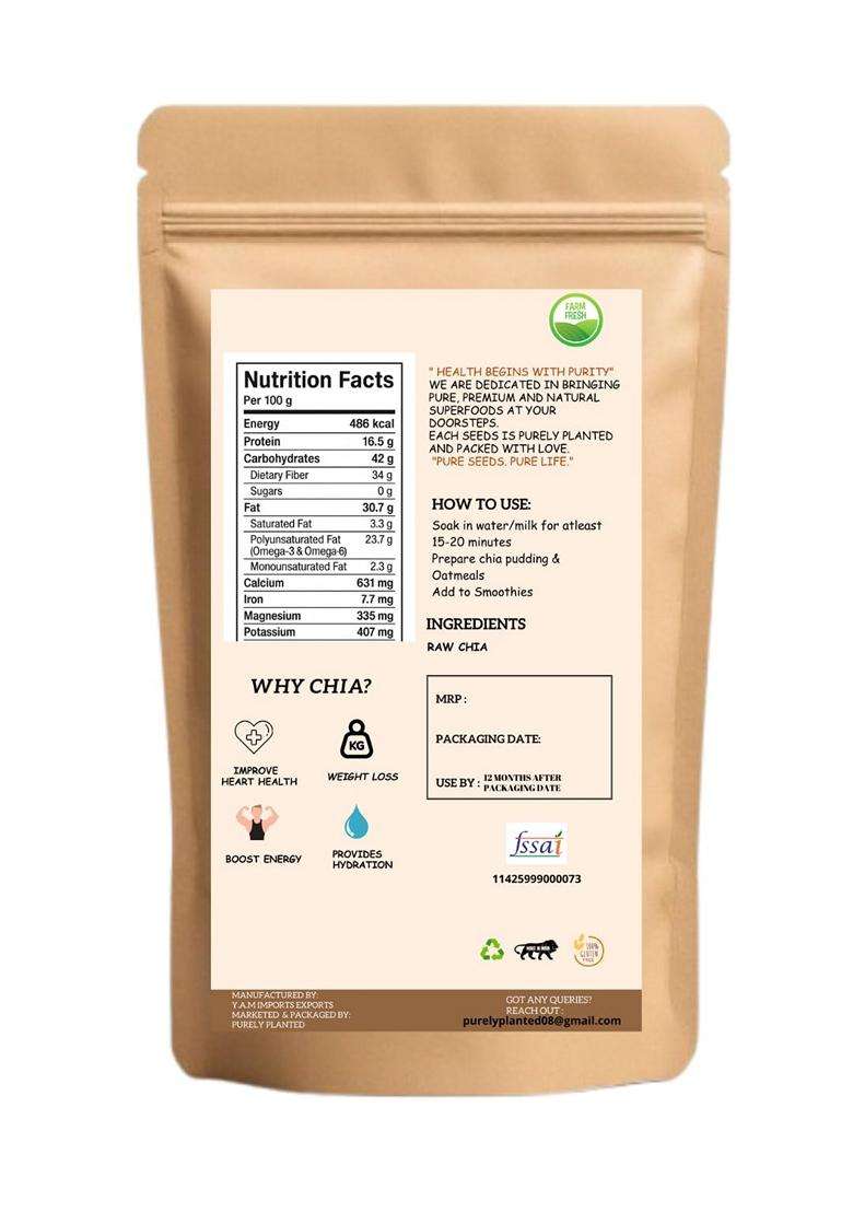 Purely Planted Chia Seeds 500G Raw Unpolished Superfood High Fibre Plant Protein Rich In Omega3 Glutenfree Veganfriendly Premium Edible Seeds For Weig - Indya