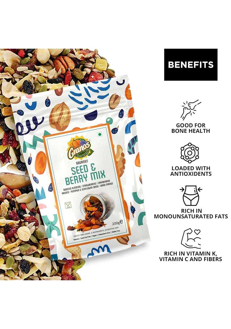 Granos Seed And Berry Mix 200 G Tangy Seed Mix For Eating Gluten Free Vegan Dried Fruits And Seeds With Roasted Almonds Raisins Cranberries Dried Mang - Indya