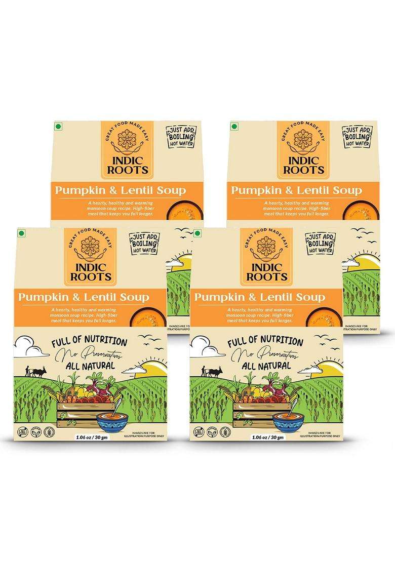 Indic Roots Organic Roots Pumpkin Lentil Soup Instant Soup Packets Healthy Natural Ready To Cook Vegetable Soup Mix Powder Pack Of 4 30G Each 230Ml - Indya