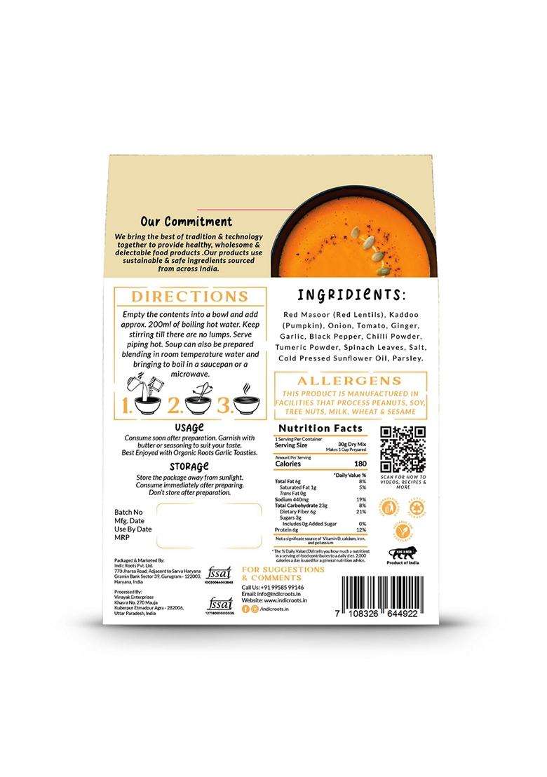 Indic Roots Organic Roots Pumpkin Lentil Soup Instant Soup Packets Healthy Natural Ready To Cook Vegetable Soup Mix Powder Pack Of 4 30G Each 230Ml - Indya