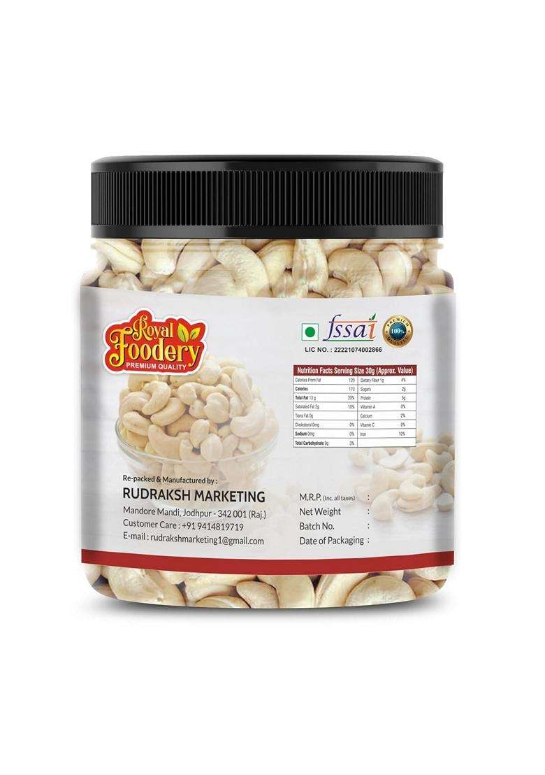 Royal Foodery 100% Natural And Crunchy Premium Whole Cashews Nutritious And Delicious Nuts Premium Kaju nuts Gluten Free Source of Minerals And Vitamins Dry Fruits Jar Pack 250gram - Indya