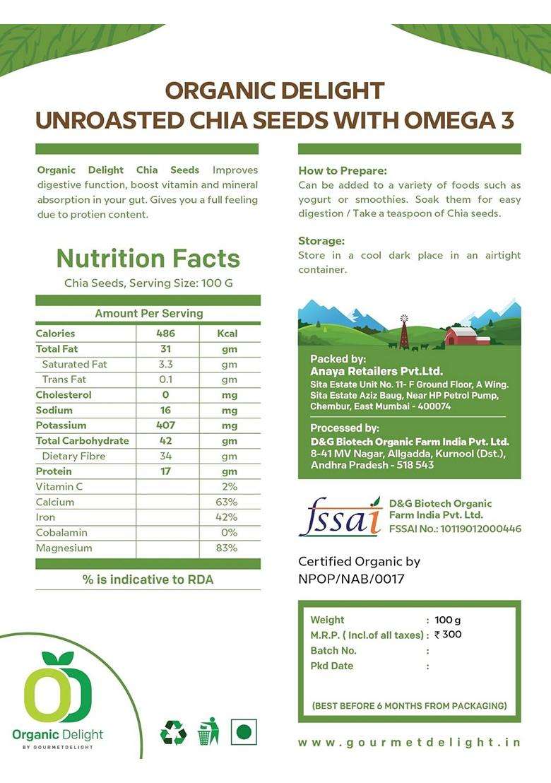Organic Delight Unroasted Chia Seeds 1 Kg Healthy Raw Seeds For Eating Seed With Calcium Protein Fiber Clean Chia Seed For Weight Management Healthy S - Indya