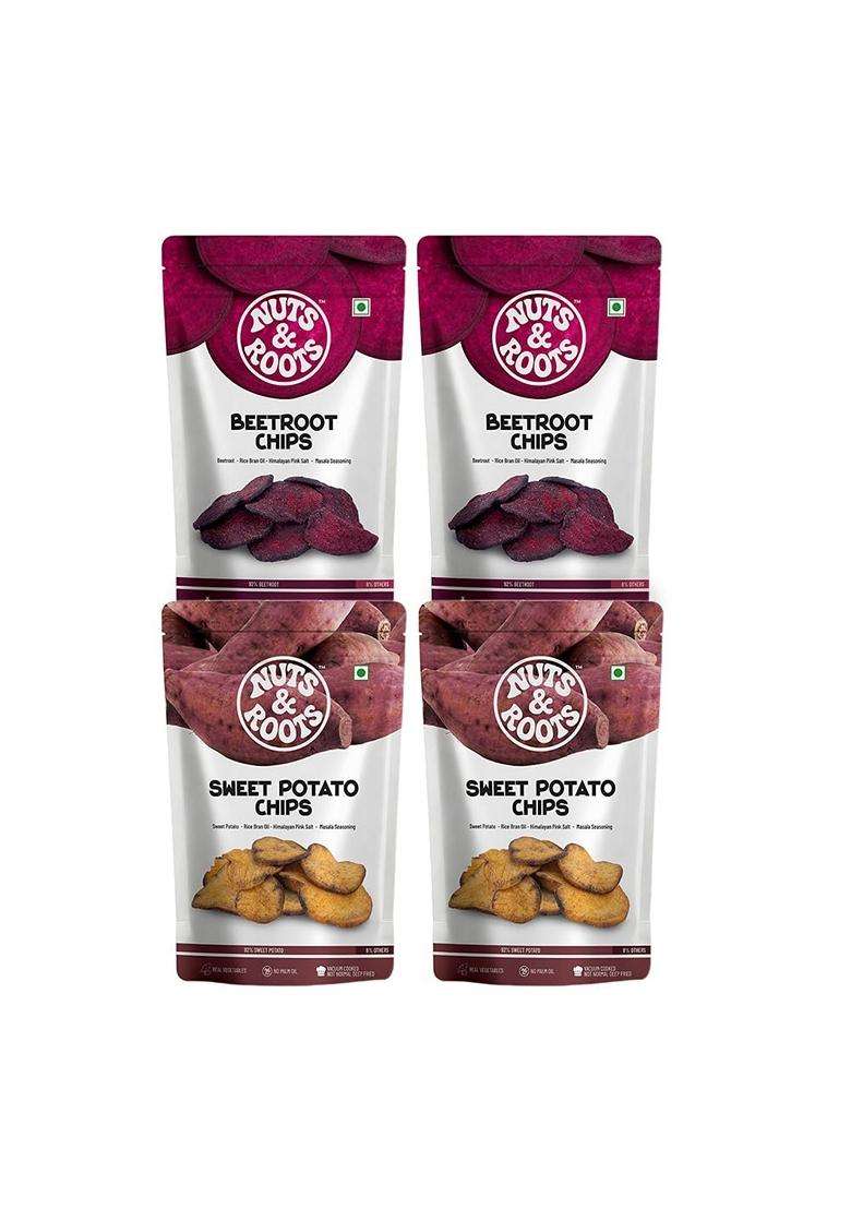 Nuts Roots Sweet Potato Beetroot Chips Combo Real Vegetable Vacuum Fried No Palm Oil Healthy Snack Pack Of 4 2X35G Sweet Potato 2X30G Beetroot - Indya