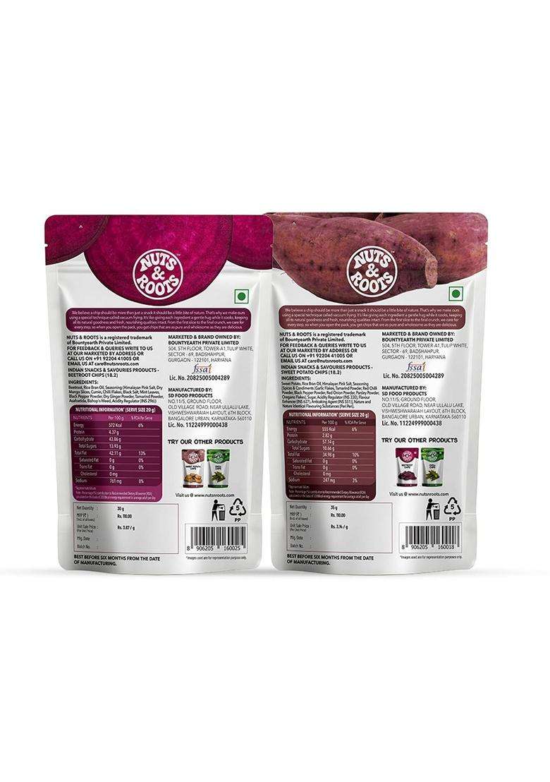 Nuts Roots Sweet Potato Beetroot Chips Combo Real Vegetable Vacuum Fried No Palm Oil Healthy Snack Pack Of 4 2X35G Sweet Potato 2X30G Beetroot - Indya