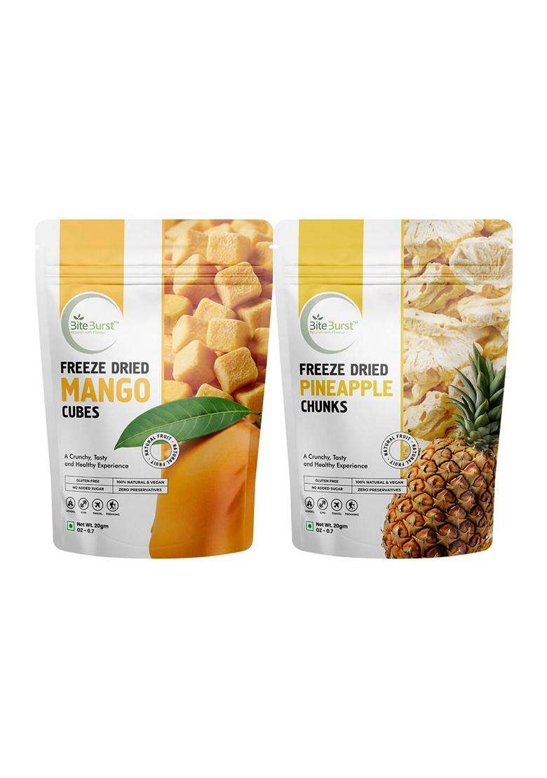 Biteburst Freeze Dried Mango Cubes Pineapple Slice Fruit Snack Crunchy Real Fruit Bites No Added Sugar Gluten Free Vegan No Preservatives 20 Gm X Comb - Indya