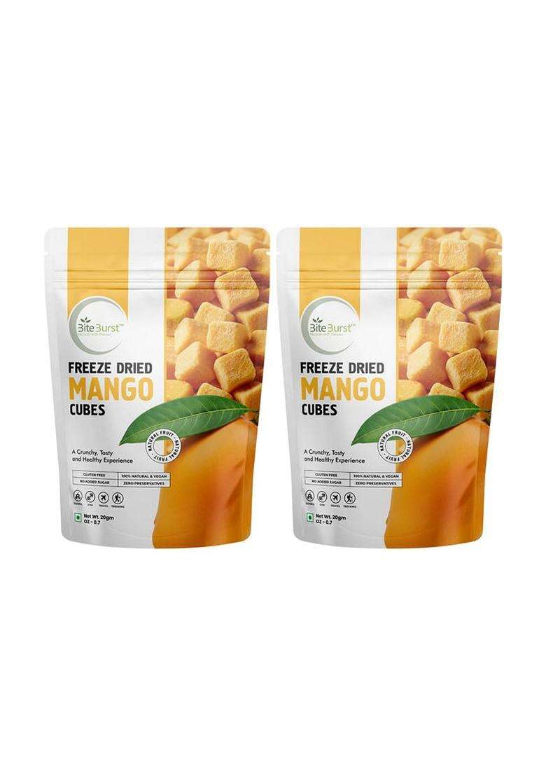 Biteburst Freeze Dried Mango Cubes Fruit Snack Crunchy Real Fruit Bites No Added Sugar Gluten Free Vegan No Preservatives 20Gm X Pack Of 2 - Indya