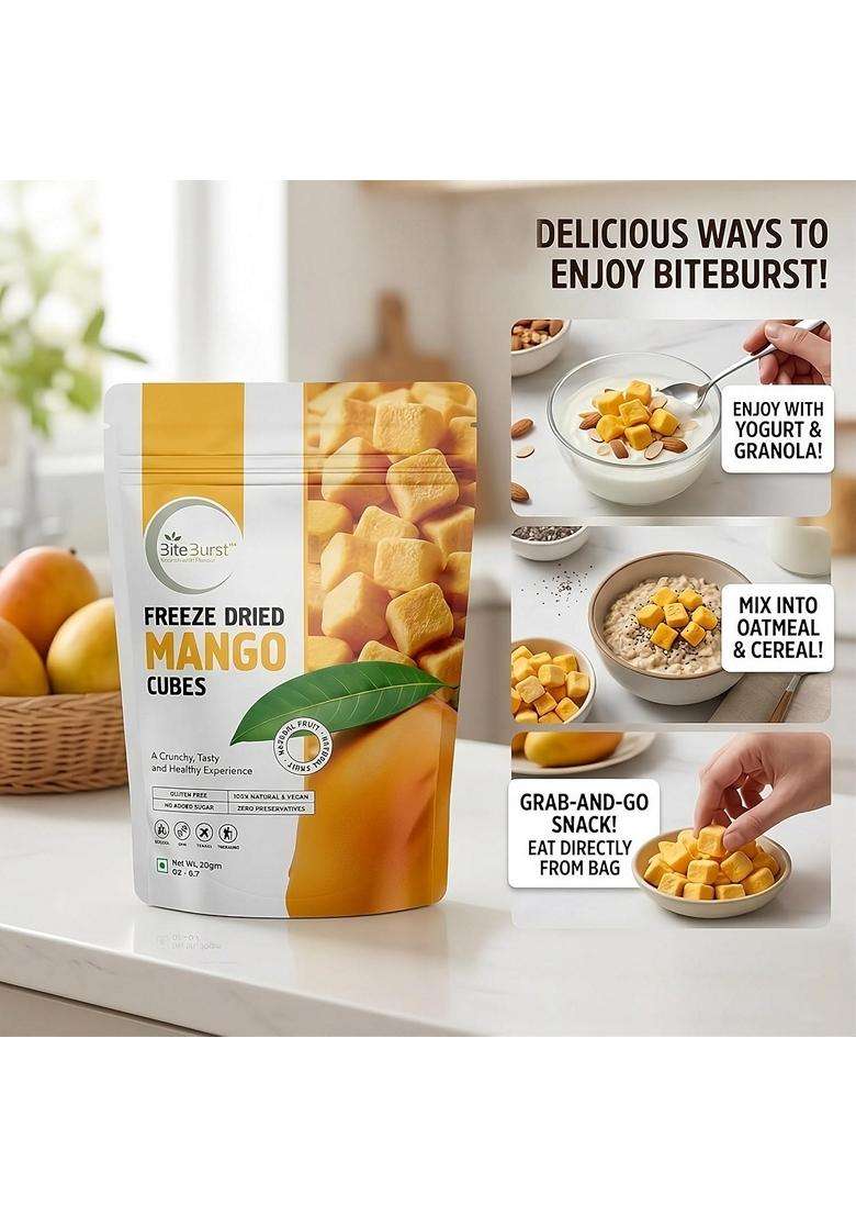 Biteburst Freeze Dried Mango Cubes Fruit Snack Crunchy Real Fruit Bites No Added Sugar Gluten Free Vegan No Preservatives 20Gm X Pack Of 2 - Indya