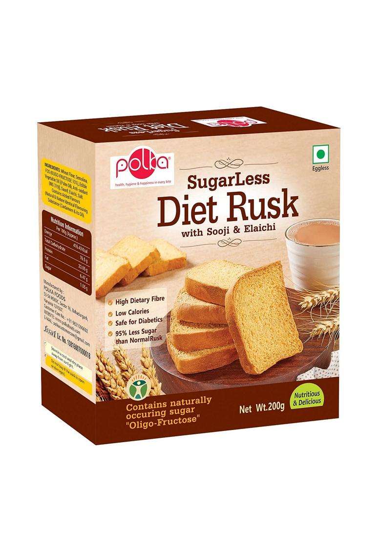 Polka Sugarless Diet Rusksooji With Elaichi Healthy Snack High Fiber Digestive Sugar Free 200 Gm - Indya