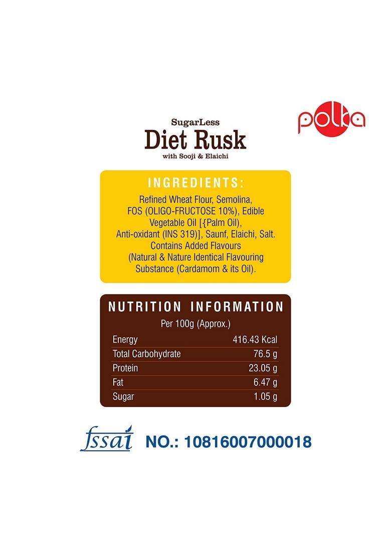 Polka Sugarless Diet Rusksooji With Elaichi Healthy Snack High Fiber Digestive Sugar Free 200 Gm - Indya