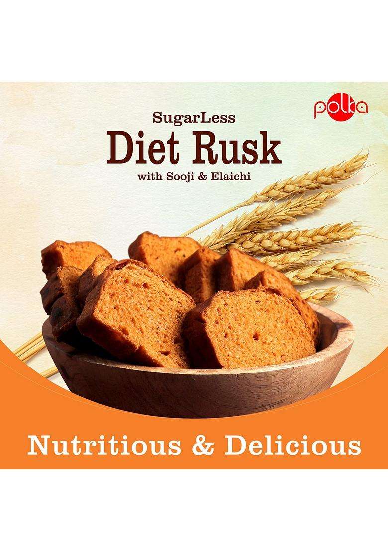 Polka Sugarless Diet Rusksooji With Elaichi Healthy Snack High Fiber Digestive Sugar Free 200 Gm - Indya