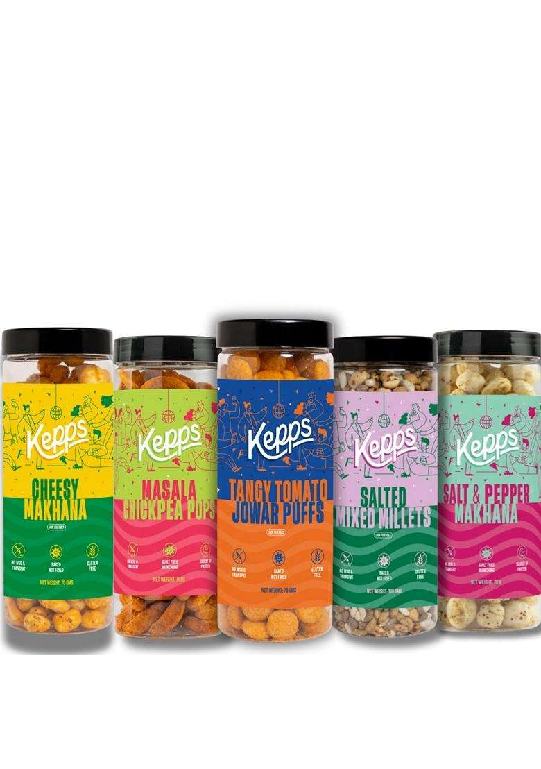 Kepps Jain Special Healthy Snacks Pack Cheesy Makhana Masala Chickpea Puffs Tangy Tomato Jowar Puffs Mixed Millets No Onion No Garlic - Indya