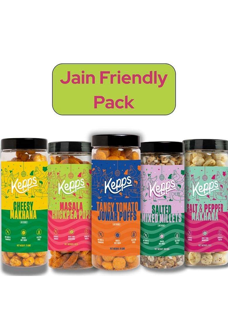 Kepps Jain Special Healthy Snacks Pack Cheesy Makhana Masala Chickpea Puffs Tangy Tomato Jowar Puffs Mixed Millets No Onion No Garlic - Indya
