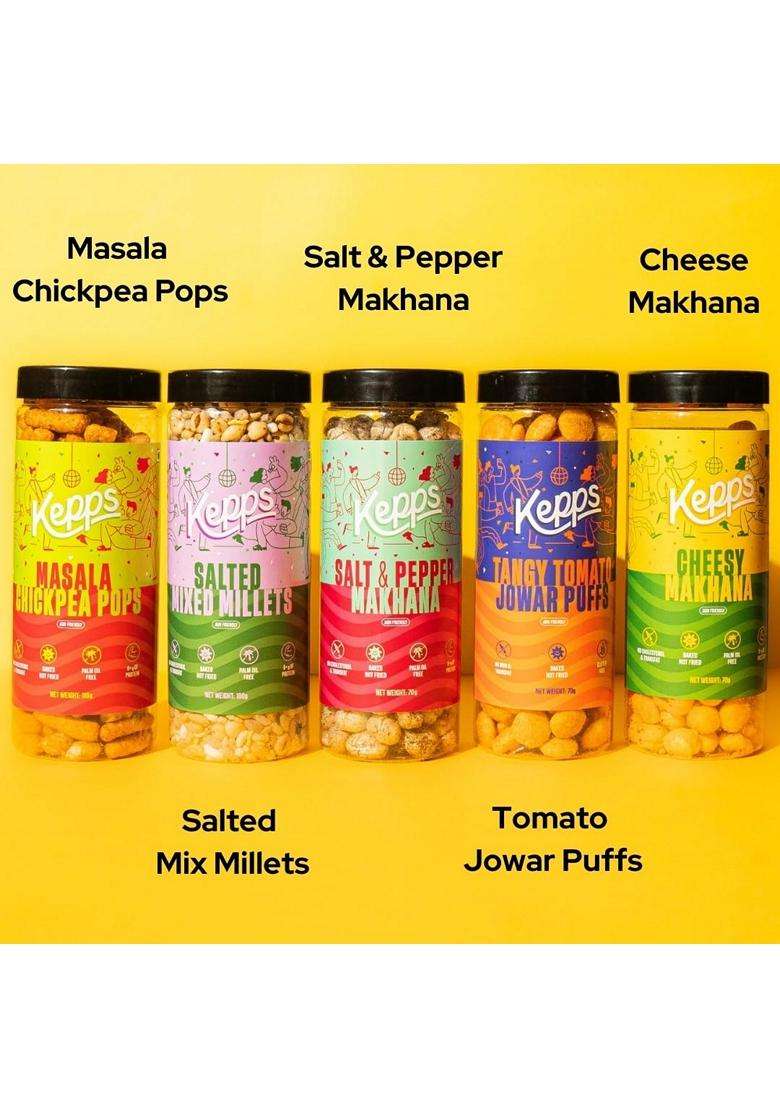 Kepps Jain Special Healthy Snacks Pack Cheesy Makhana Masala Chickpea Puffs Tangy Tomato Jowar Puffs Mixed Millets No Onion No Garlic - Indya