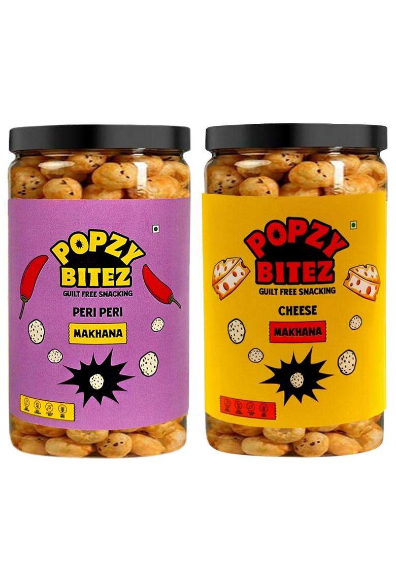 Popzy Bitez Guiltfree Roasted Makhana Crunchy Healthy Snack For Anytime Munching Delicious Cheese Spicy Peri Peri Flavors High Protein Low Calorie Glu - Indya