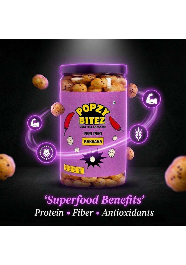 Popzy Bitez Guiltfree Roasted Makhana Crunchy Healthy Snack For Anytime Munching Delicious Cheese Spicy Peri Peri Flavors High Protein Low Calorie Glu - Indya
