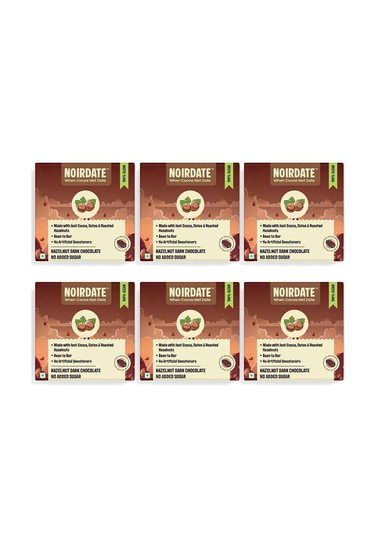 NoirDate Hazelnut Dark Chocolate - 15g Bean to Bar Sweetened with Dates Refined Sugar Free 100% Clean Label Healthy Vegan Gluten-Free Guilt-Free Indulgence Pack of 6 - Indya