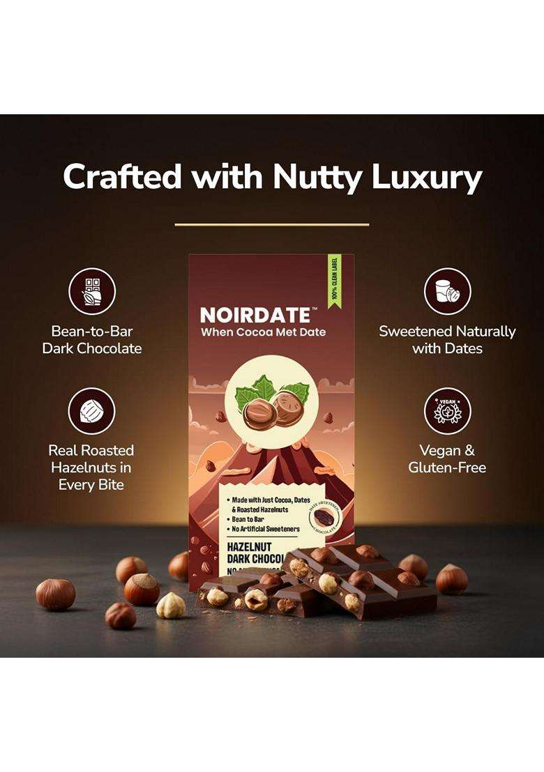 NoirDate Hazelnut Dark Chocolate - 15g Bean to Bar Sweetened with Dates Refined Sugar Free 100% Clean Label Healthy Vegan Gluten-Free Guilt-Free Indulgence Pack of 6 - Indya