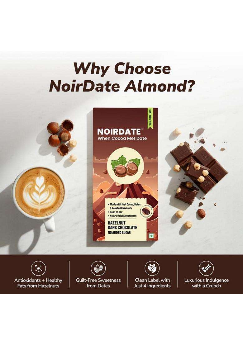 NoirDate Hazelnut Dark Chocolate - 15g Bean to Bar Sweetened with Dates Refined Sugar Free 100% Clean Label Healthy Vegan Gluten-Free Guilt-Free Indulgence Pack of 6 - Indya
