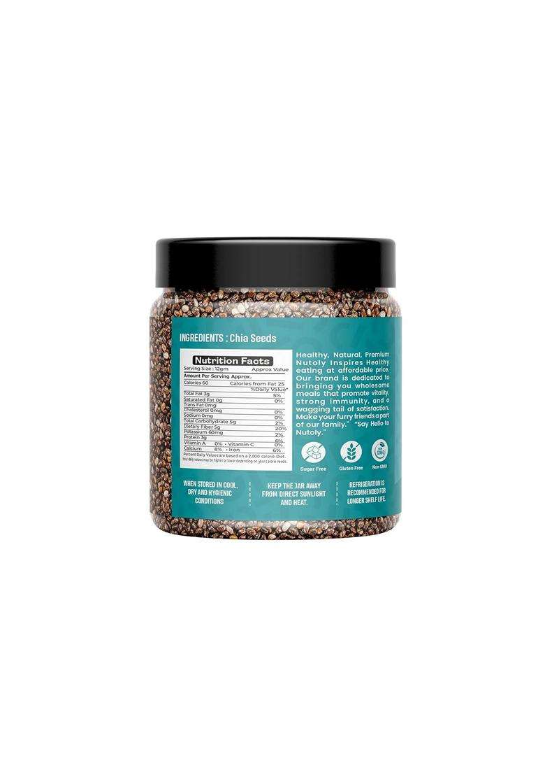 Nutoly Premium Chia Seeds Raw Natural Rich In Omega 3 Fibre Protein Vegan Superfood For Smoothies Salads Detox Water 500Grm - Indya