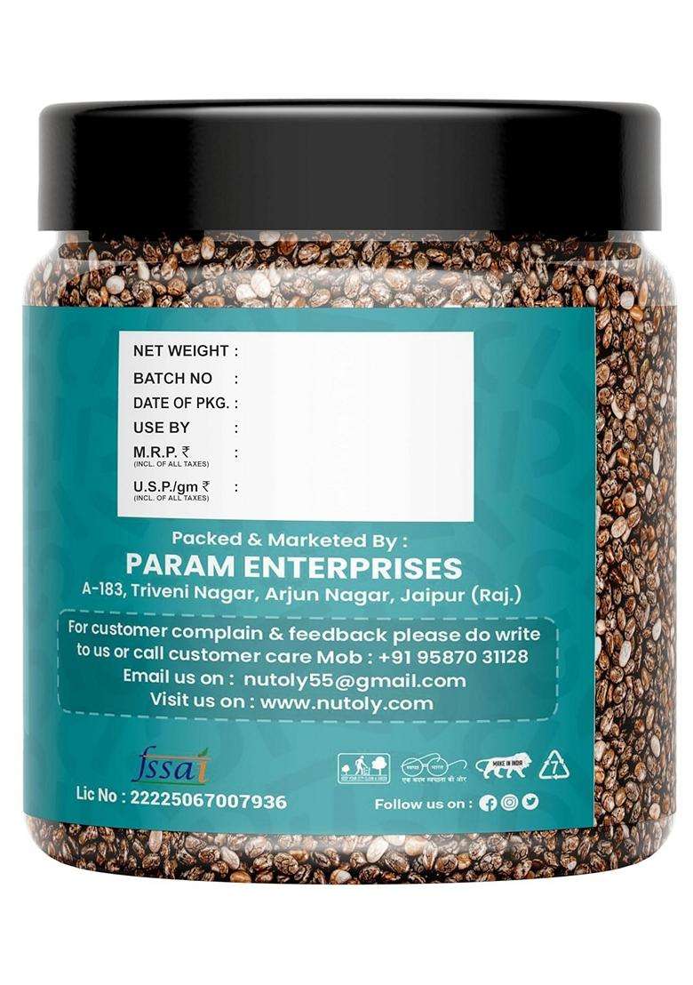 Nutoly Premium Chia Seeds Raw Natural Rich In Omega 3 Fibre Protein Vegan Superfood For Smoothies Salads Detox Water 500Grm - Indya