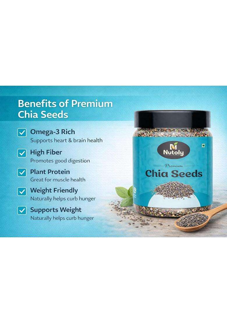 Nutoly Premium Chia Seeds Raw Natural Rich In Omega 3 Fibre Protein Vegan Superfood For Smoothies Salads Detox Water 500Grm - Indya